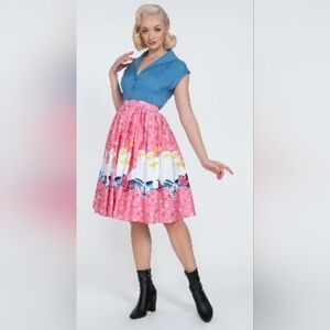 Pinup Couture Jenny Skirt In Pink Mary Blair Train Print, BNWOT, Size L